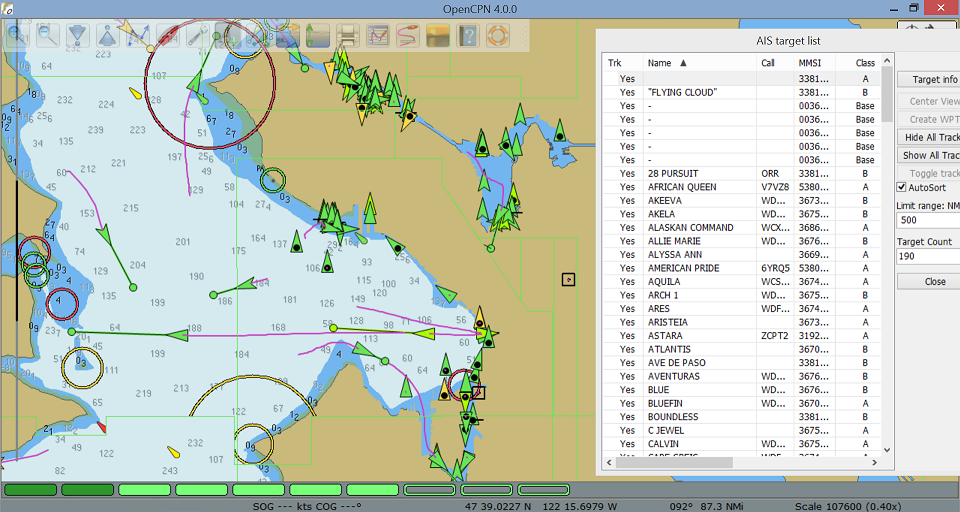 Screenshot of OpenCPN with dAISy as AIS receiver